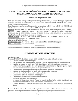 COMPTE-RENDU DES DÉLIBÉRATIONS DU CONSEIL MUNICIPAL DE LA COMMUNE DE BERCHERES-LES-PIERRES ------Séance Du 29 Septembre 2016