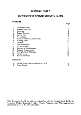 PART a SERVICE SPECIFICATION for ROUTE No