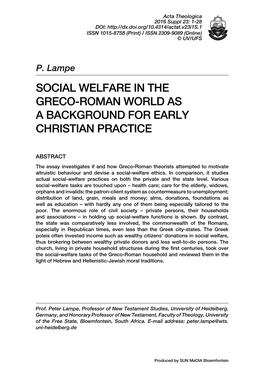 Social Welfare in the Greco-Roman World As a Background for Early Christian Practice