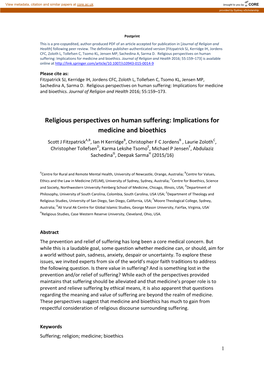 Religious Perspectives on Human Suffering: Implications for Medicine and Bioethics