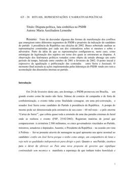 Título: Disputa Política, Luta Simbólica No PSDB Autora: Maria Auxiliadora Lemenhe