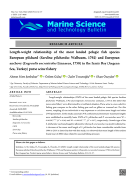 Sardina Pilchardus Walbaum, 1792) and European Anchovy (Engraulis Encrasicolus Linnaeus, 1758) in the Izmir Bay (Aegean Sea, Turkey) Purse Seine Fishery