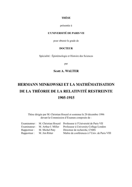 Hermann Minkowski Et La Mathématisation De La Théorie De La Relativité Restreinte 1905-1915