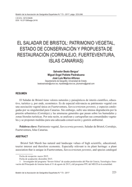 El Saladar De Bristol: Patrimonio Vegetal, Estado De Conservación Y Propuesta De Restauración (Corralejo, Fuerteventura, Islas Canarias)
