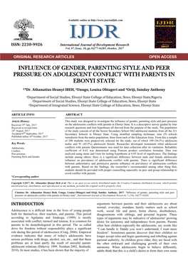 Influence of Gender, Parenting Style and Peer Pressure on Adolescent Conflict with Parents in Ebonyi State