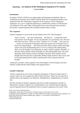 First Prize: an Analysis of the Ontological Argument of St Anselm by Ian Corfield