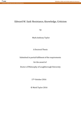 Edward W. Said: Resistance, Knowledge, Criticism