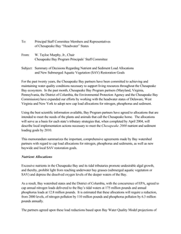 Summary of Decisions Regarding Nutrient and Sediment Load Allocations and New Submerged Aquatic Vegetation (SAV) Restoration Goals