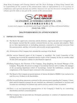 GUANGZHOU AUTOMOBILE GROUP CO., LTD. 廣州汽車集團股份有限公司 (A Joint Stock Company Incorporated in the People’S Republic of China with Limited Liability) (Stock Code: 2238)