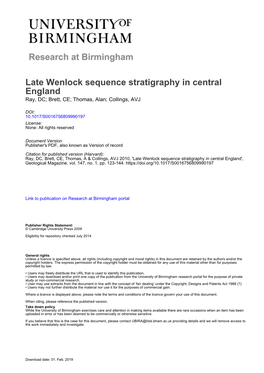 Late Wenlock Sequence Stratigraphy in Central England Ray, DC; Brett, CE; Thomas, Alan; Collings, AVJ