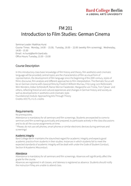 FM 201 Introduction to Film Studies: German Cinema