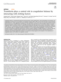 Transferrin Plays a Central Role in Coagulation Balance by Interacting with Clotting Factors