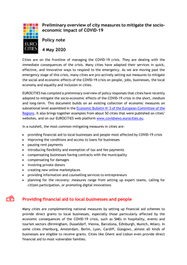 Preliminary Overview of City Measures to Mitigate the Socio- Economic Impact of COVID-19