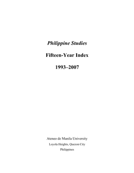 Philippine Studies Fifteen-Year Index 1993–2007
