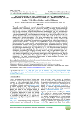 Socio-Economic Factors Influencing Poverty Among Rural Households in Onicha Local Government Area, Ebonyi State, Nigeria