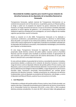 Necesidad De Medidas Urgentes Para Revertir La Grave Violación De Derechos Humanos De Los Diputados De La Asamblea Nacional En Venezuela