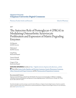 PRG4) in Modulating Osteoarthritic Synoviocyte Proliferation and Expression of Matrix Degrading Enzymes Ali Alquraini MCPHS University