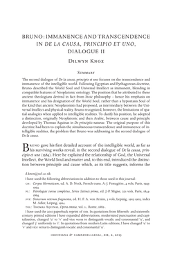 BRUNO : Immanence and Transcendence in De La Causa, Principio Et Uno, Dialogue Ii Dilwyn Knox