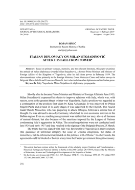 Italian Diplomacy on Milan Stojadinović After His Fall from Power