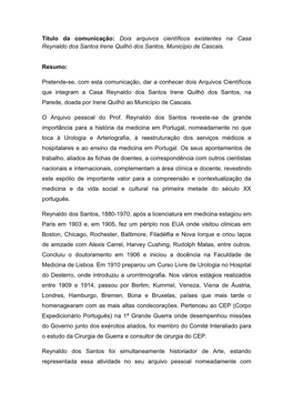Dois Arquivos Científicos Existentes Na Casa Reynaldo Dos Santos Irene Quilhó Dos Santos, Município De Cascais