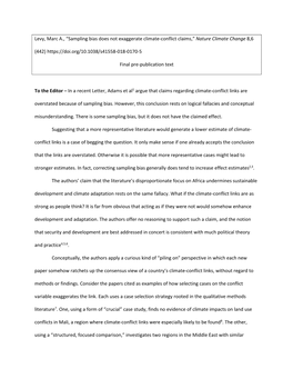 Levy, Marc A., “Sampling Bias Does Not Exaggerate Climate-Conflict Claims,” Nature Climate Change 8,6 (442)