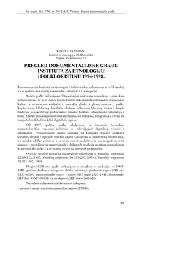 Pregled Dokumentacijske Građe Instituta Za Etnologiju I Folkloristiku 1994-1998