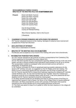 Wickhambreaux Parish Council Minutes of the Meeting Held on 15 September 2015