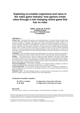 Exploring Co-Creation Experience and Value in the Video Game Industry: How Gamers Create Value Through a Rule Changing Online Game That Has No Rules