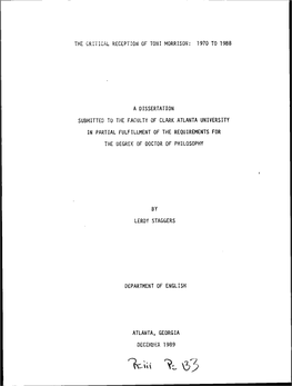 THE C.Rrtical RECEPTION of Totu MORRISON: 1970 to 1988