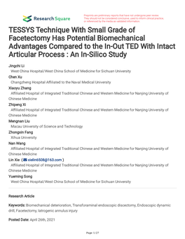 TESSYS Technique with Small Grade of Facetectomy Has Potential Biomechanical Advantages Compared to the In-Out TED with Intact Articular Process : an In-Silico Study