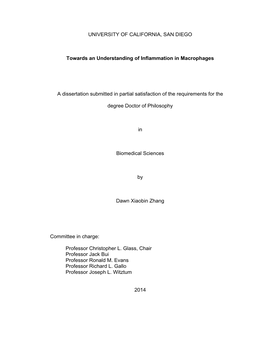 UNIVERSITY of CALIFORNIA, SAN DIEGO Towards an Understanding of Inflammation in Macrophages a Dissertation Submitted in Partial