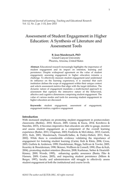 Assessment of Student Engagement in Higher Education: a Synthesis of Literature and Assessment Tools