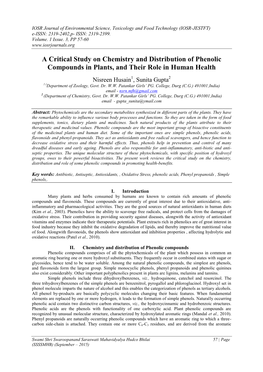 A Critical Study on Chemistry and Distribution of Phenolic Compounds in Plants, and Their Role in Human Health