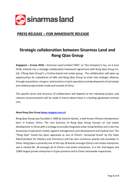 Strategic Collaboration Between Sinarmas Land and Rong Qiao Group
