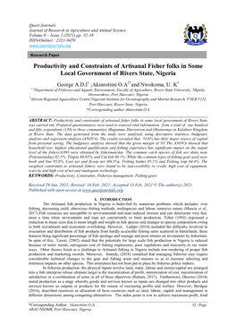 Productivity and Constraints of Artisanal Fisher Folks in Some Local Government of Rivers State, Nigeria