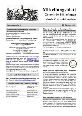 Mitteilungsblatt Gemeinde Bihlafingen Große Kreisstadt Laupheim