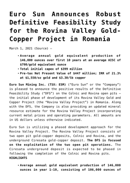 Euro Sun Announces Robust Definitive Feasibility Study for the Rovina Valley Gold- Copper Project in Romania