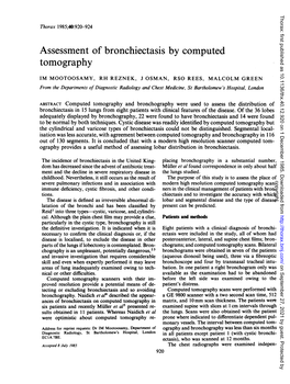 Assessment of Bronchiectasis by Computed Tomography