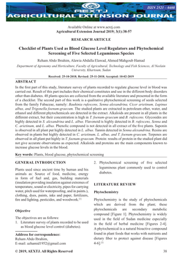 Checklist of Plants Used As Blood Glucose Level Regulators and Phytochemical Screening of Five Selected Leguminous Species