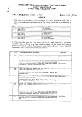 Date:/9/04/031 ORDER 1 .Vide Order No.05/G-Gaz.-IA/DHC/2021 Dated 29.01.2021, the Hon'ble High Court of Delhi Has Created Three New Labour Courts