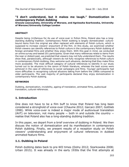 Domestication in Contemporary Polish Dubbing Urszula Leszczyńska, University of Warsaw, and Agnieszka Szarkowska, University of Warsaw/University College London