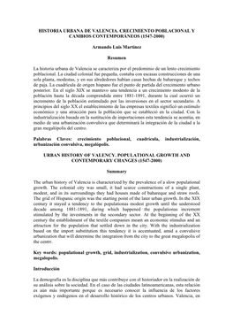 Historia Urbana De Valencia. Crecimiento Poblacional Y Cambios Contemporáneos (1547-2000)