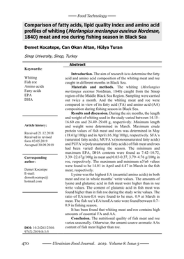 Profiles of Whiting (Merlangius Merlangus Euxinus Nordman, 1840) Meat and Roe During Fishing Season in Black Sea