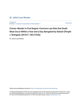 Crimes--Murder in First Degree--Common Law Rule That Death Must Occur Within a Year and a Day Abrogated by Statute (People V