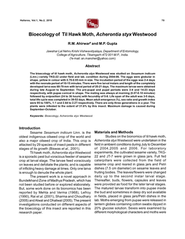 Bioecology of Til Hawk Moth, Acherontia Styx Westwood