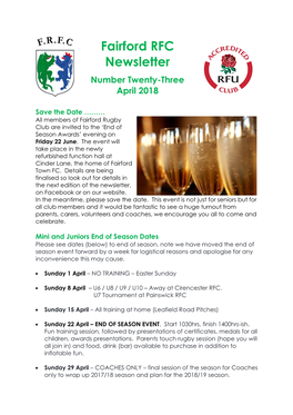 Fairford RFC Newsletter