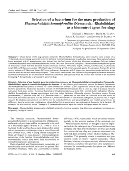 Selection of a Bacterium for the Mass Production of Phasmarhabditis Hermaphrodita (Nematoda : Rhabditidae) As a Biocontrol Agent for Slugs