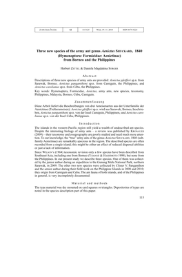 Three New Species of the Army Ant Genus Aenictus SHUCKARD, 1840 (Hymenoptera: Formicidae: Aenictinae) from Borneo and the Philippines