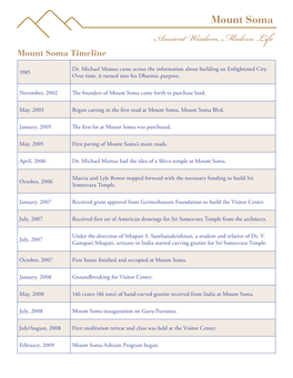 Ancient Wisdom, Modern Life Mount Soma Timeline