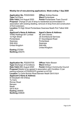 Weekly List of New Planning Applications. Week Ending 1 Sep 2020